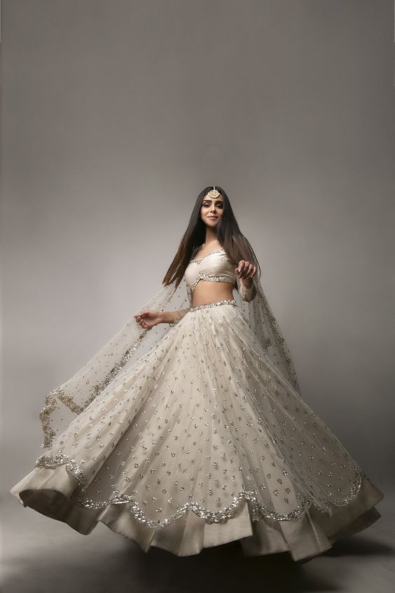 image of silver Indo-western full-sleeved lehenga with silver net